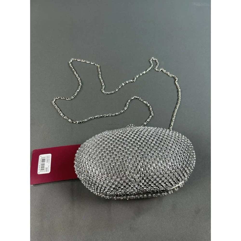 Lulu Townsend Silver Crystal Rhinestone Oval Evening Clutch Purse Chain NWT
